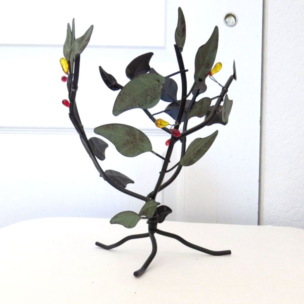 Vintage 1990's Wrought Iron Tree Branch Pillar Candle Holder Glass Berries - EUC - Picture 3 of 6